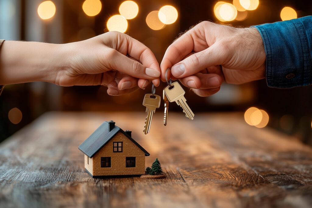 house key swap Immobilientausch Hände hands Raumteam Tisch Lichter