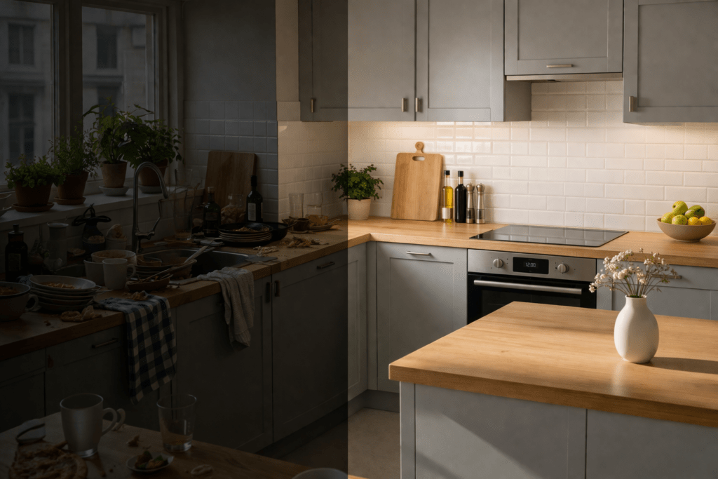 KI Küche Bildbearbeitung Foto Kitchen Messy